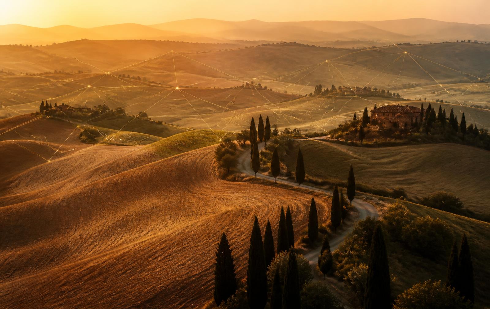 Colline senesi al tramonto con filari di cipressi
